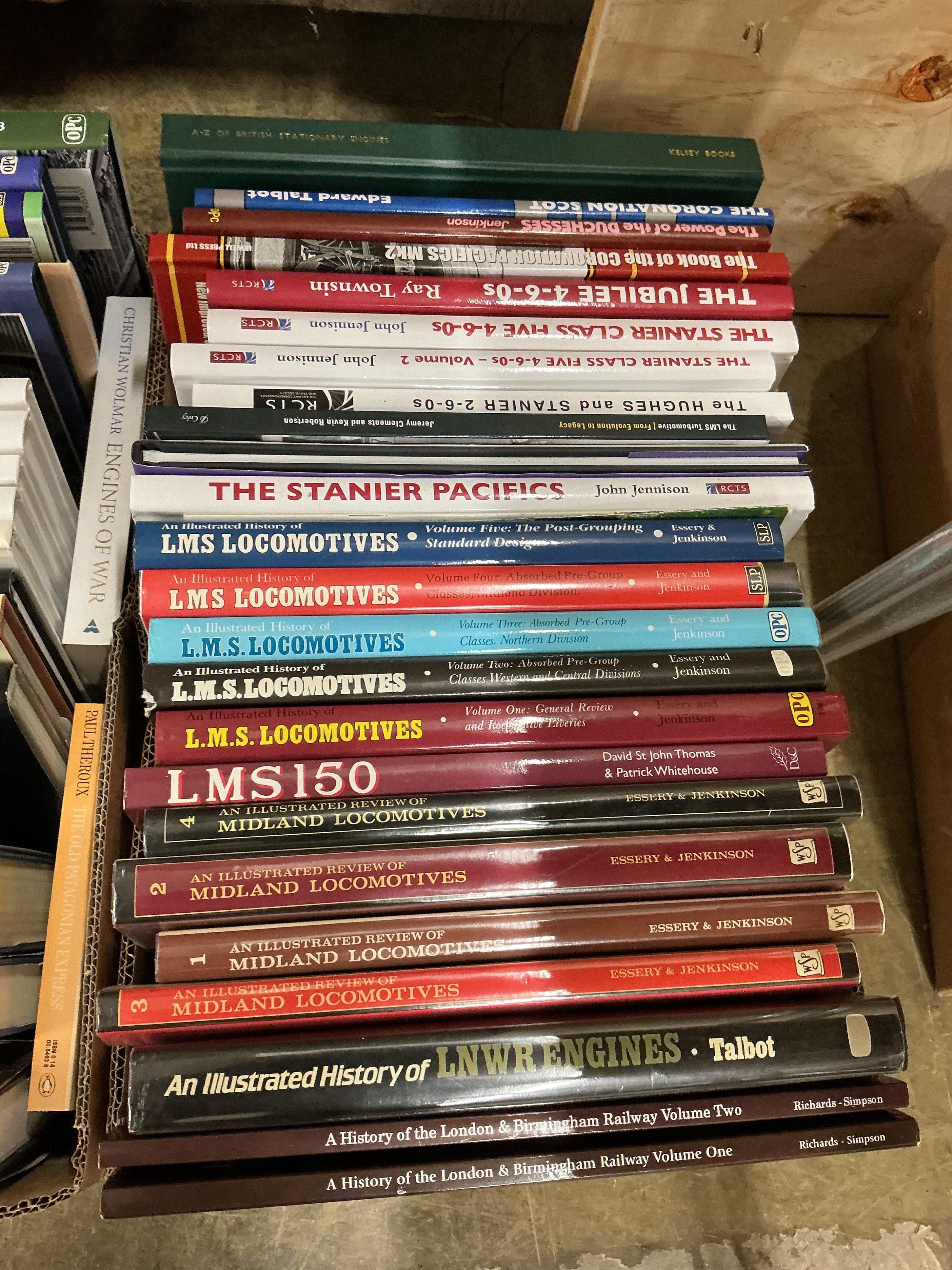Three boxes of railway related books, subjects include; British Railways Standard Steam Locomotives, the Power of the Austerities, the Stanier Pacifics, LMS locomotives, Swindon Engineman, Great Western Signalling, etc.,
